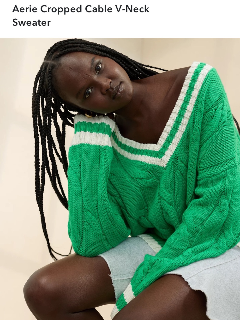 aerie Emerald Green Cable Knit V-Neck Sweater with Cream Trim